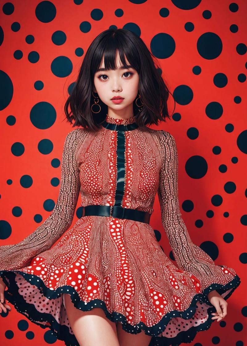 05085-3561817563-fashion photo shoot of a very beautiful girl in a dress with works by Yayoi Kusama,.jpg